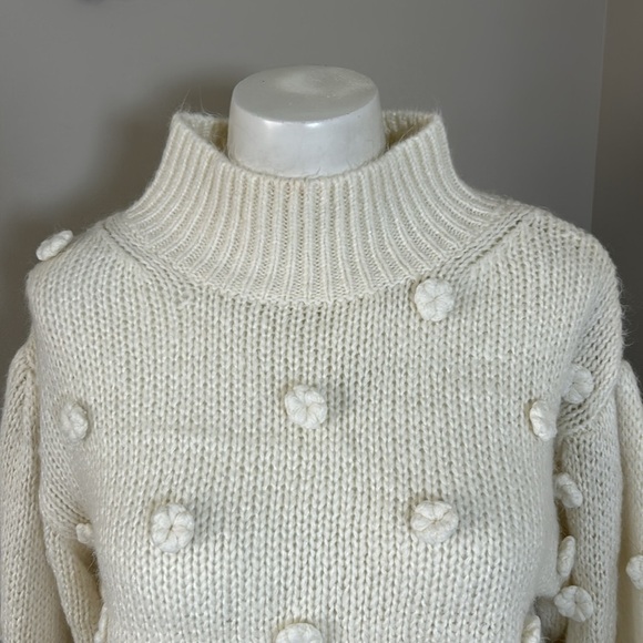 Farm Rio Floral Applique Lantern Sleeve Sweater Cream Mock Neck Trendy Sz S - Picture 5 of 16